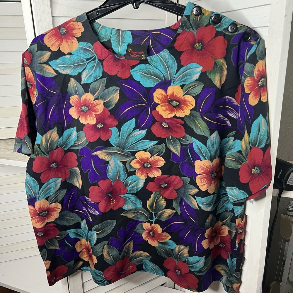 Vtg Wentworth's Gallery Blouse Black Tropical Print XL-2X See Measurements VGC